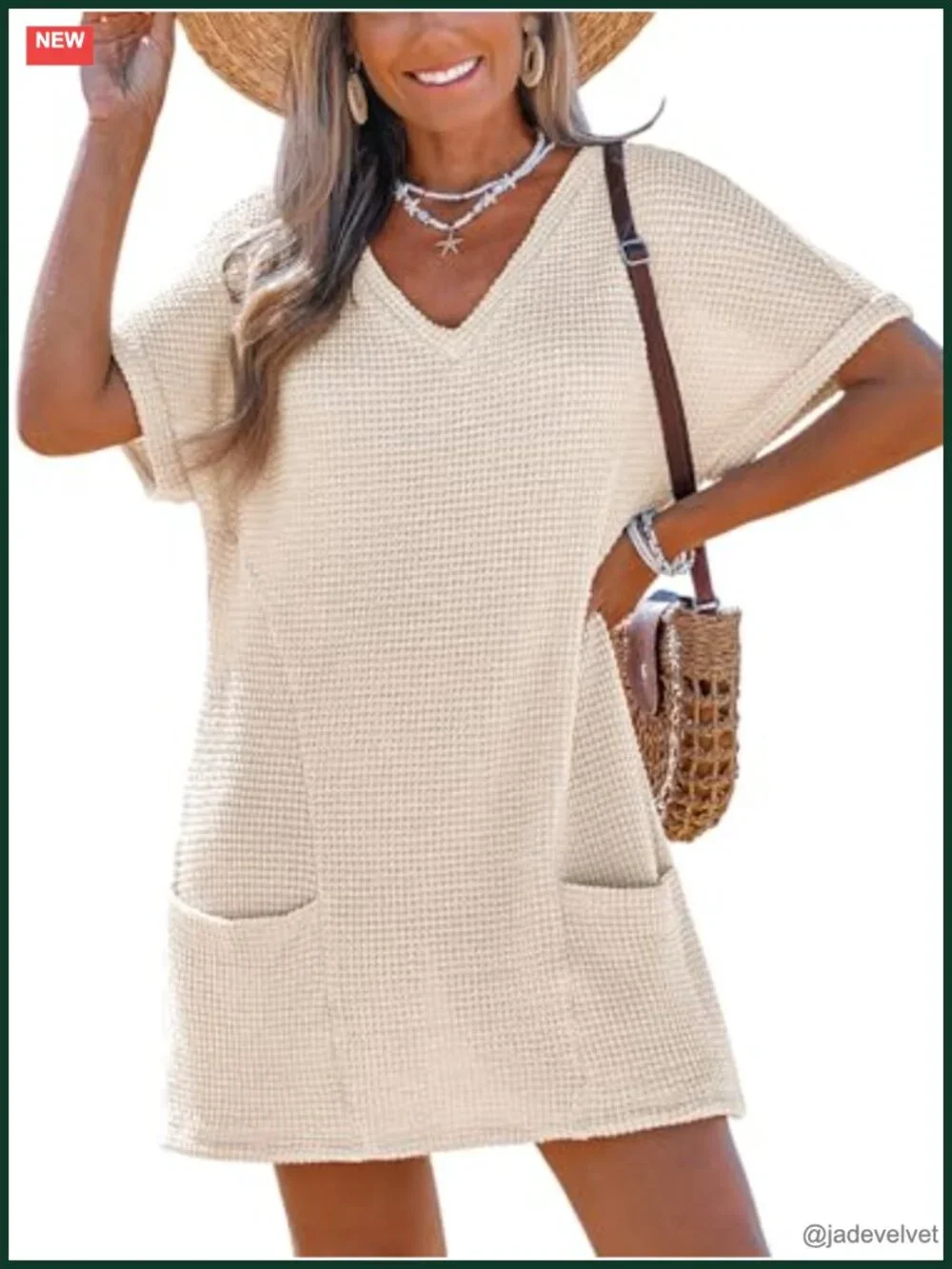Waffle Knit V Neck Short Sleeve Beach Coverup Dress with Pockets